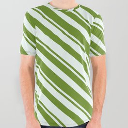 [ Thumbnail: Mint Cream and Green Colored Stripes Pattern All Over Graphic Tee ]