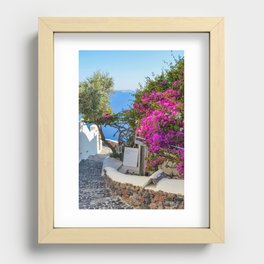 Santorini, Greece, Pink Flowers, Ocean View Recessed Framed Print