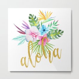 Hawaiian multicolored floral bouquet with faux gold aloha brush script Metal Print