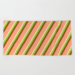 [ Thumbnail: Light Yellow, Green, Brown & Light Salmon Colored Lined/Striped Pattern Beach Towel ]