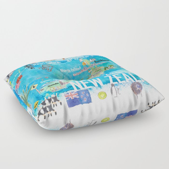 New Zealand Illustrated Travel Map with Tourist Highlights Floor Pillow