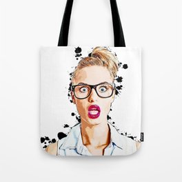 WOW Face Surprised Woman with Black Glasses and Open Mouth,  Pop-Art  Tote Bag