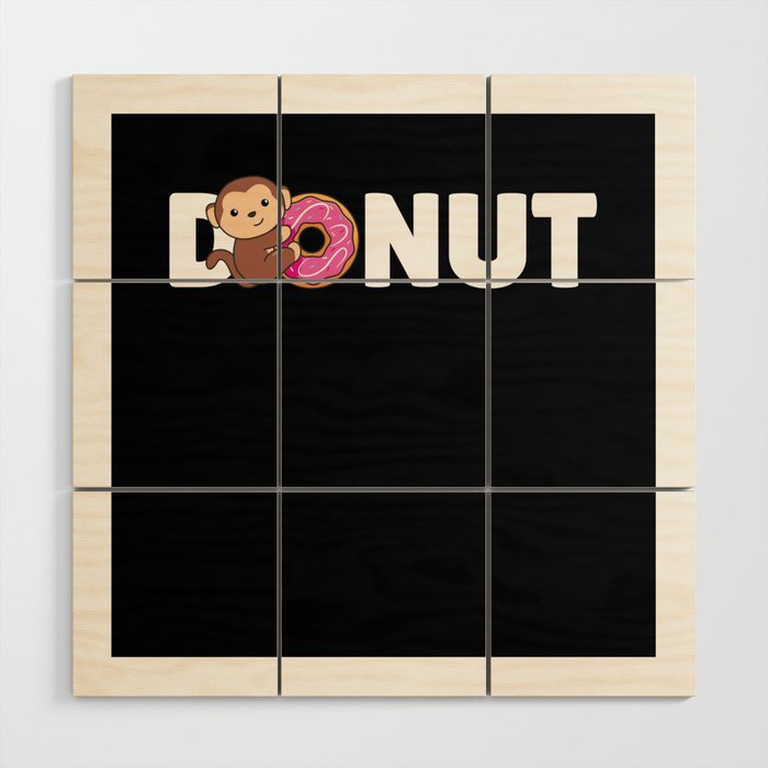 Cute Monkey Funny Animals With Donut Pink Donuts Wood Wall Art