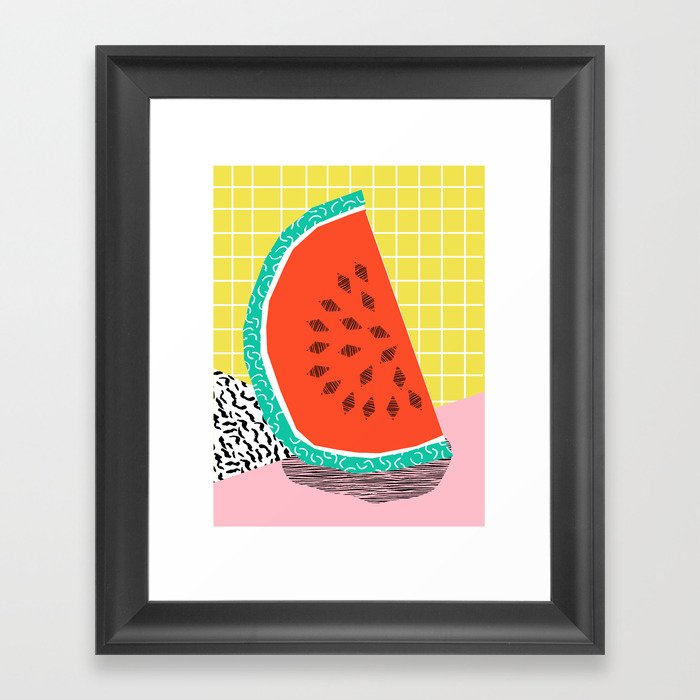 Dyno - watermelon throwback memphis 1980's retro style dots grid bright colorful modern hipster art Framed Art Print
