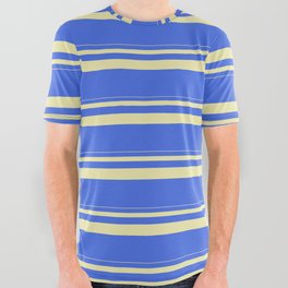 [ Thumbnail: Pale Goldenrod & Royal Blue Colored Stripes/Lines Pattern All Over Graphic Tee ]
