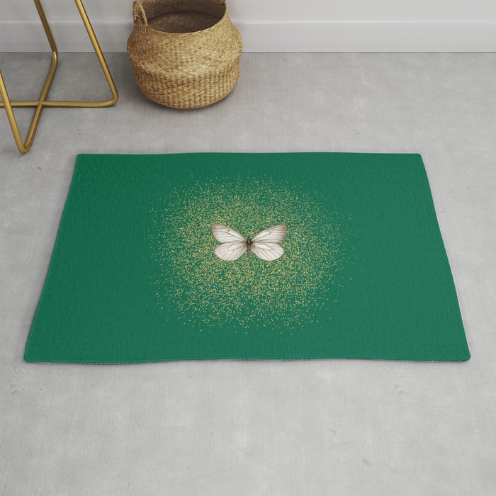 Hand-Drawn Butterfly and Golden Fairy Dust on Empire Green Rug