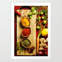 Herbs and spices Art Print | Topview, Spices, Powder, Color, Bright, Herbs, Photo, Cooking, Diet, Food 
