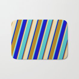 [ Thumbnail: Turquoise, Blue, Dark Goldenrod, and Tan Colored Stripes Pattern Bath Mat ]