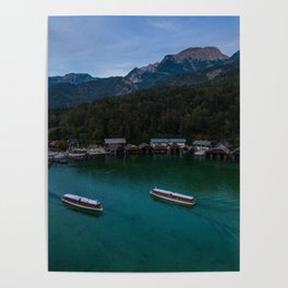 königssee waterfall alps bayern forrest drone aerial shot nature wanderlust boat mountains harbour Poster