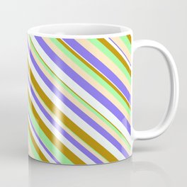 [ Thumbnail: Eye-catching Dark Goldenrod, Green, Beige, Medium Slate Blue, and Mint Cream Colored Stripes Pattern Coffee Mug ]