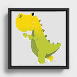 Happy Cartoon Green T-Rex Dinosaur Framed Canvas