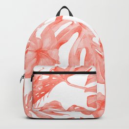 Tropical Hibiscus and Palm Leaves Dark Coral White Backpack
