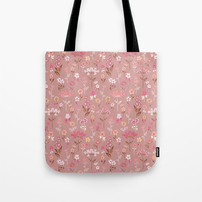 Dusty Rose Wildflowers Cottagecore Ditsy Floral Print Tote Bag