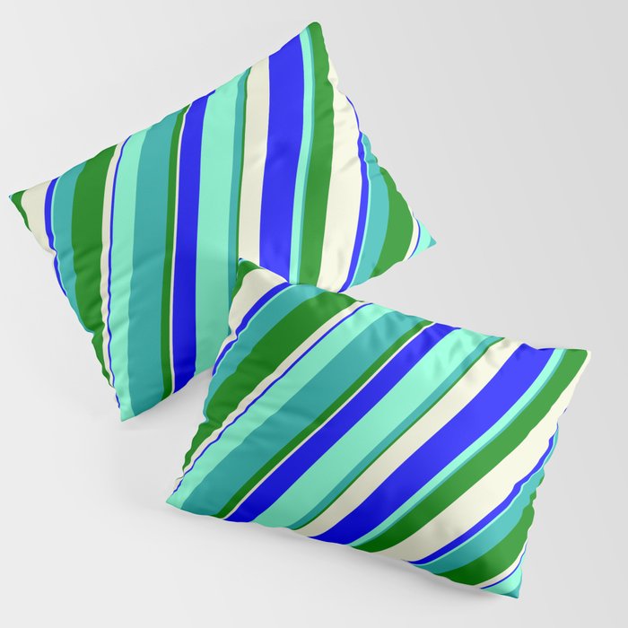 Vibrant Aquamarine, Light Sea Green, Green, Beige, and Blue Colored Lines Pattern Pillow Sham