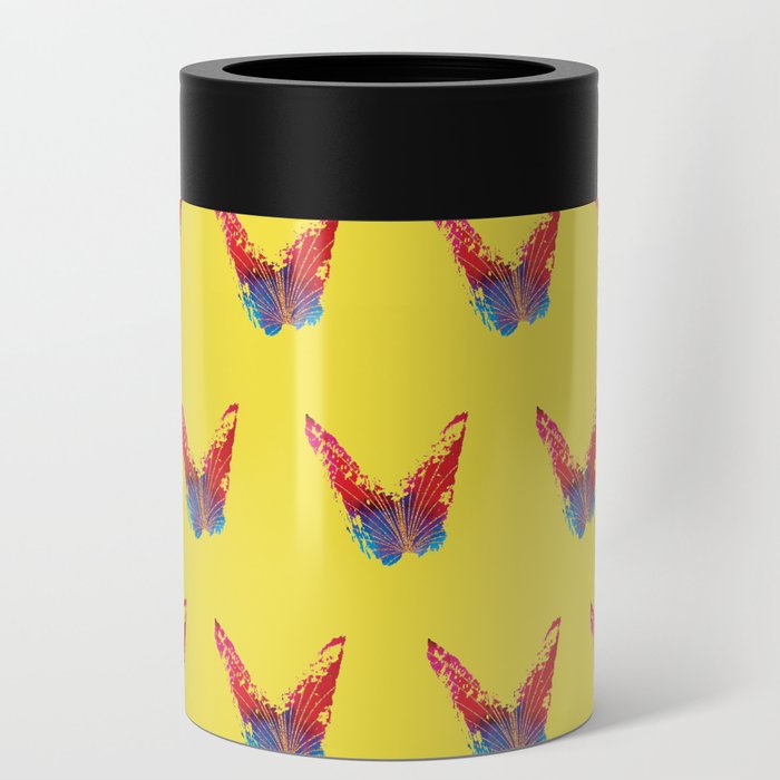 Abstract red and blue butterfly with fan and yellow background Can Cooler