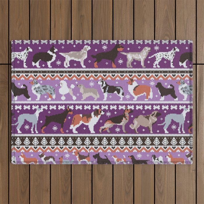 Fluffy and bright fair isle knitting doggie friends // seance purple and east side violet background brown orange white and grey dog breeds  Outdoor Rug