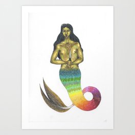 armed mermaid with long hair Art Print