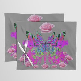 PINK ROSES ABSTRACT BUTTERFLY GREY ART Placemat