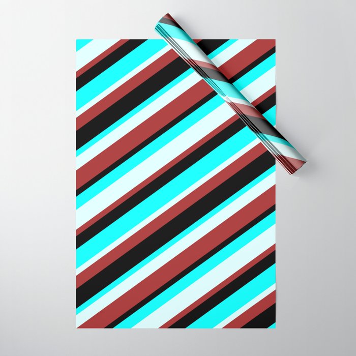 Aqua, Light Cyan, Brown & Black Colored Lined Pattern Wrapping Paper