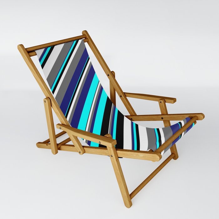 Aqua, Black, White, Dim Gray & Midnight Blue Colored Stripes/Lines Pattern Sling Chair