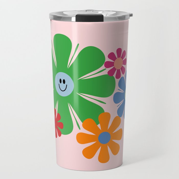 Happy Retro Flowers 60s 70s Smiley Face Colorful Spring Floral on Pink Travel Mug