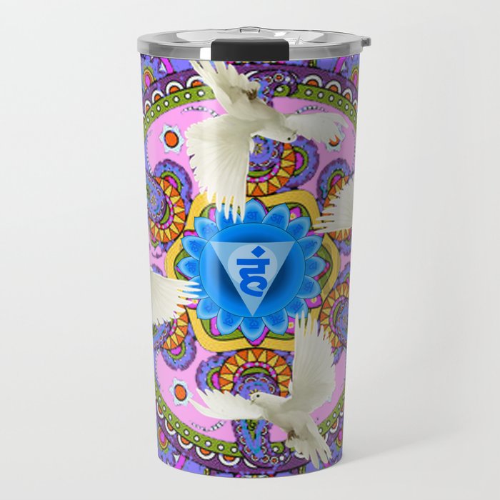 BLUE CHAKRA MANDALA WITH WHITE DOVES& PURPLE-GREY ART Travel Mug