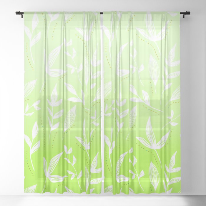 White Leaves on a Green Background Pattern Sheer Curtain