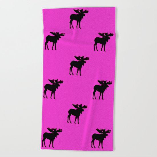 Bull Moose Silhouette - Black on Pink Beach Towel
