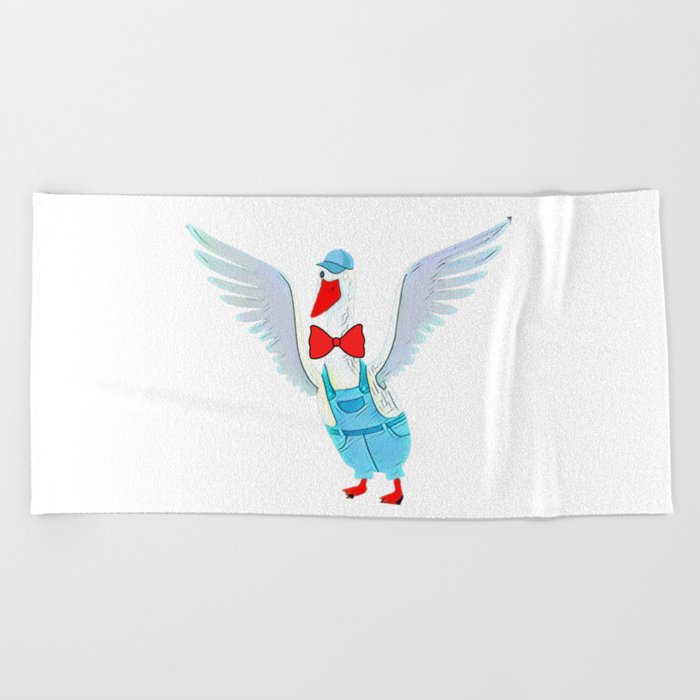 Cute White Goose Flapping Its Wings Beach Towel