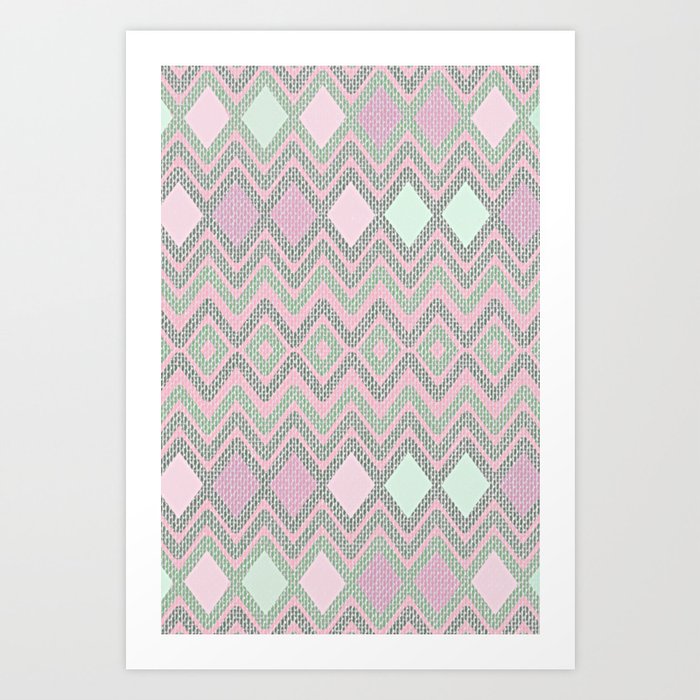 Rough Woven Geometry - Fabric ZigZag Pattern Pastel Pink Mint Charcoal Art Print