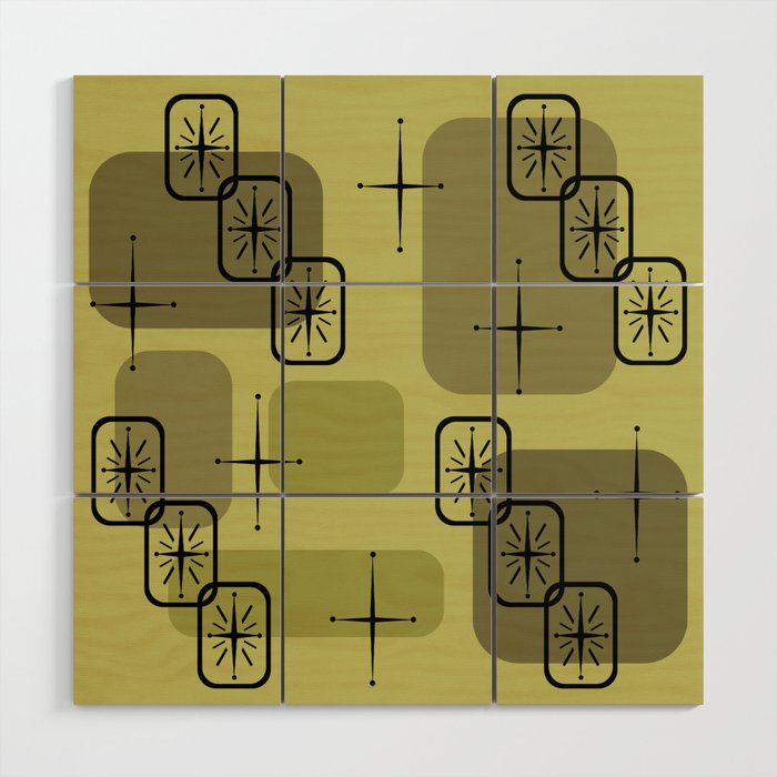 Mid Century Modern Sputnik Cards Olive Green Wood Wall Art