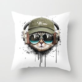 Watercolor cat listening a music illustration. Throw Pillow