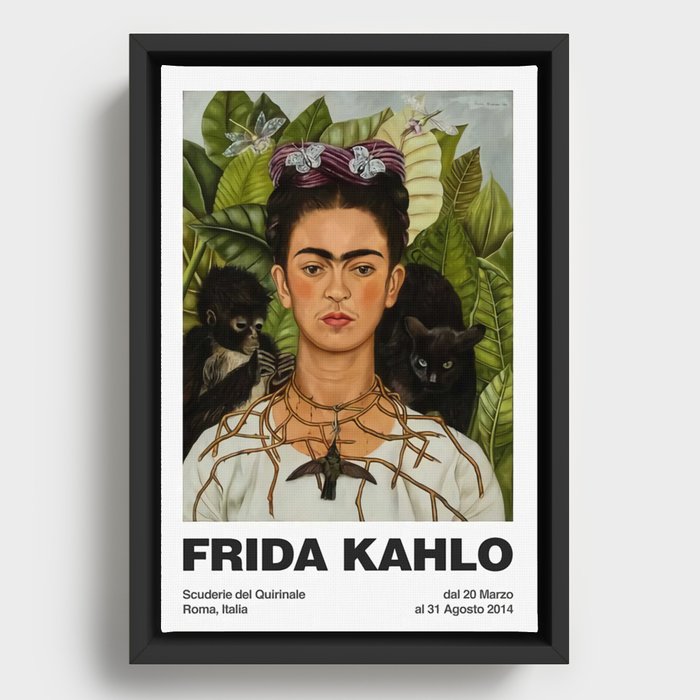 Frida Kahlo Exhibition Poster Frida Kahlo Self Portrait with Thorn Necklace and Hummingbird Roma Framed Canvas