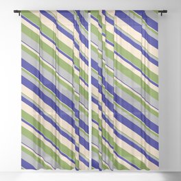 [ Thumbnail: Green, Dark Grey, Blue, and Bisque Colored Stripes/Lines Pattern Sheer Curtain ]