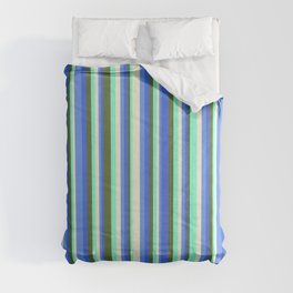 [ Thumbnail: Eyecatching Dark Olive Green, Royal Blue, Cornflower Blue, Beige, Aquamarine Colored Stripes Pattern Comforter ]
