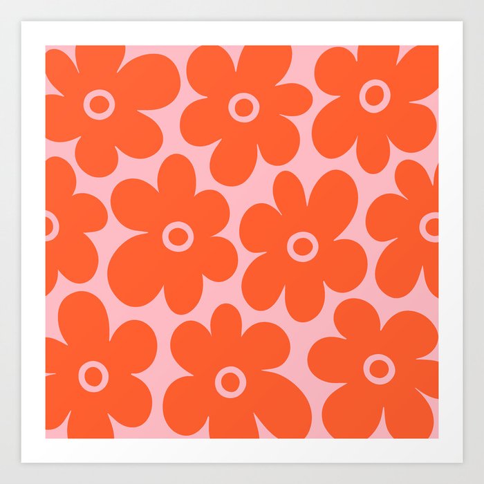 Retro Flowers Orange and Pink Art Print