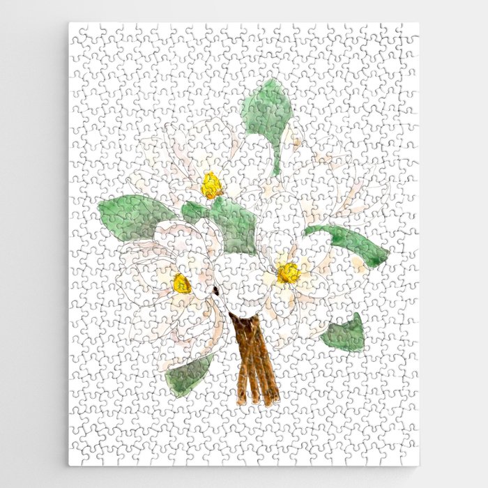 white magnolia bouquet flowers  ink and watercolor  Jigsaw Puzzle