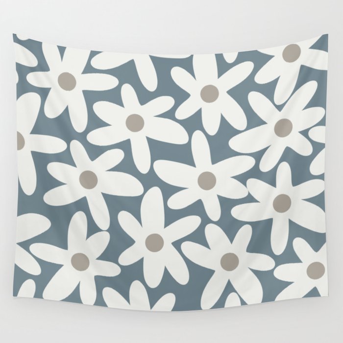 Daisy Time Retro Floral Pattern Neutral Blue Gray Tones Wall Tapestry