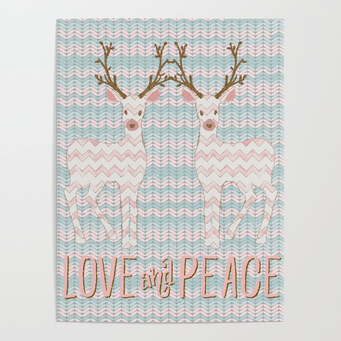 Love and Peace Knitting Deer Winter Christmas Art Poster