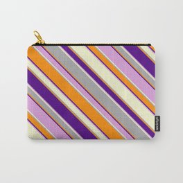 [ Thumbnail: Colorful Light Yellow, Dark Gray, Dark Orange, Indigo & Plum Colored Lines/Stripes Pattern Carry-All Pouch ]