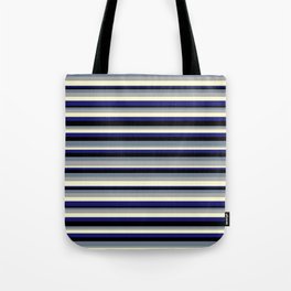 [ Thumbnail: Colorful Slate Gray, Dark Gray, Light Yellow, Midnight Blue, and Black Colored Lined/Striped Pattern Tote Bag ]