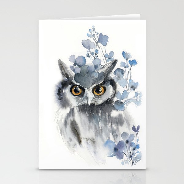 Owl and blue florals Stationery Cards