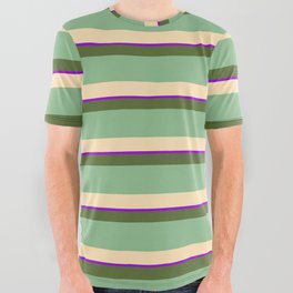 [ Thumbnail: Dark Olive Green, Dark Sea Green, Beige & Dark Violet Colored Lined/Striped Pattern All Over Graphic Tee ]