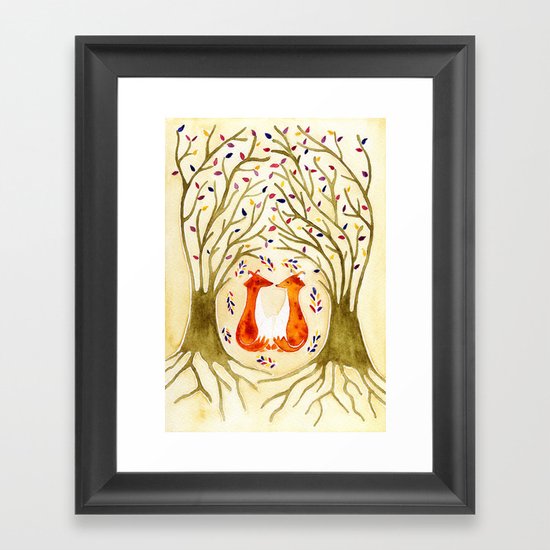 Two Foxes Meet In The Trees Framed Art Print