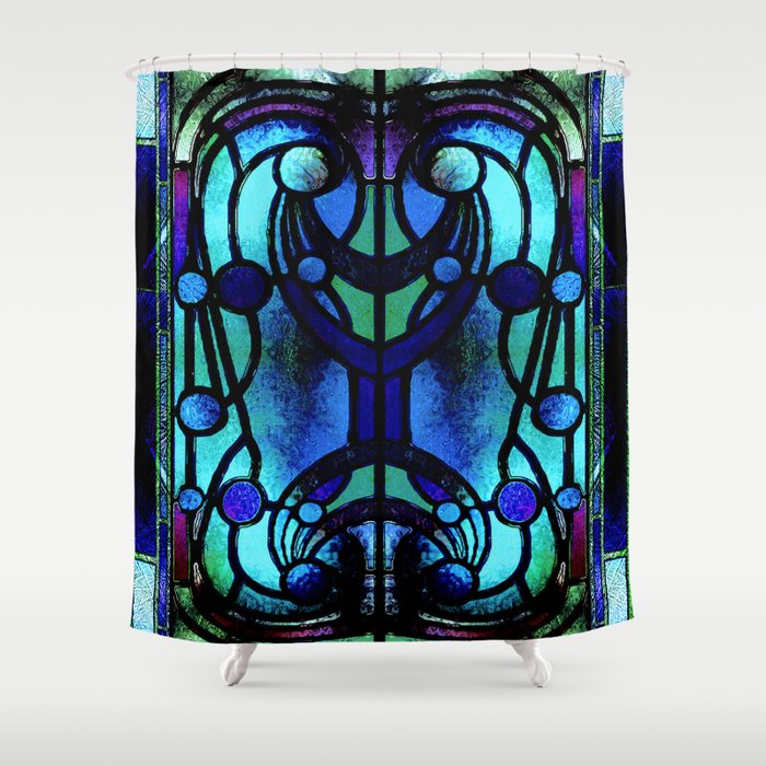 Blue and Aqua Stained Glass Victorian Design Shower Curtain