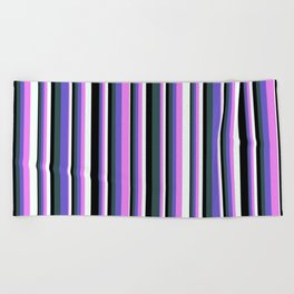 [ Thumbnail: Eyecatching Dark Slate Gray, Slate Blue, Violet, Mint Cream, and Black Colored Pattern of Stripes Beach Towel ]