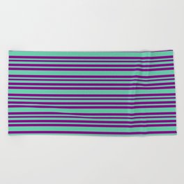 [ Thumbnail: Aquamarine & Purple Colored Striped/Lined Pattern Beach Towel ]