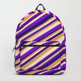 [ Thumbnail: Dark Violet, Midnight Blue, Brown, and Beige Colored Striped Pattern Backpack ]