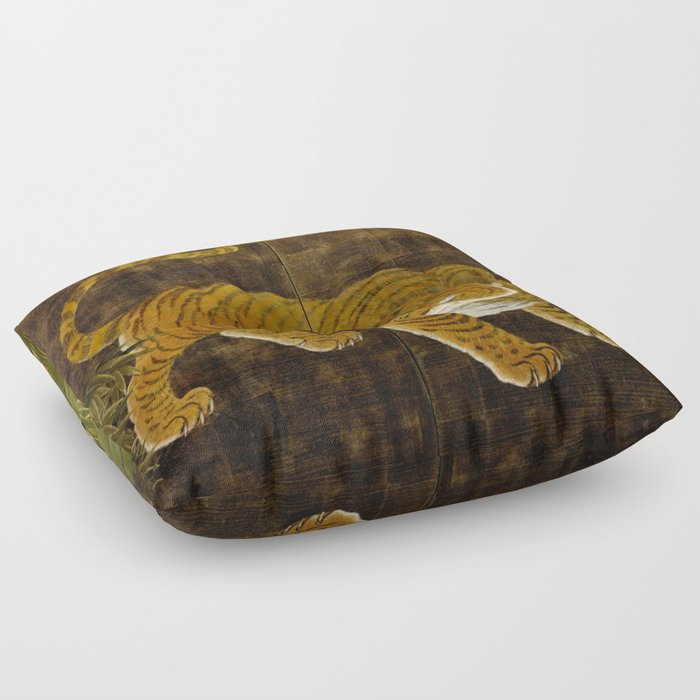 Japanese Tiger in Bamboo Grove Vintage Gold Leaf Screen Floor Pillow
