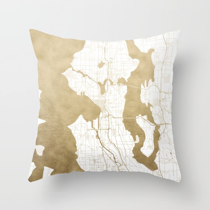 Seattle White and Gold Map Throw Pillow